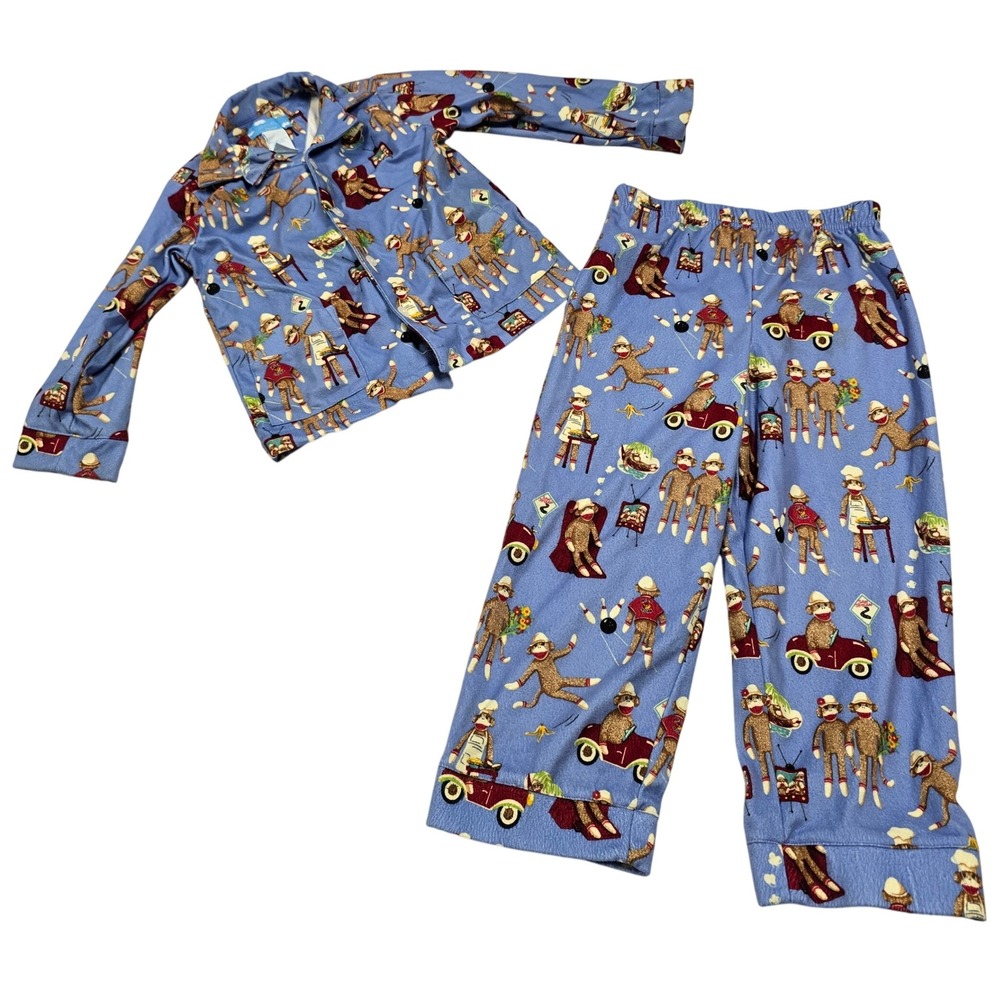 Kids 4T Nick & Nora Sleepwear Pajama Set Blue Sock Monkey Polyester Flannel
